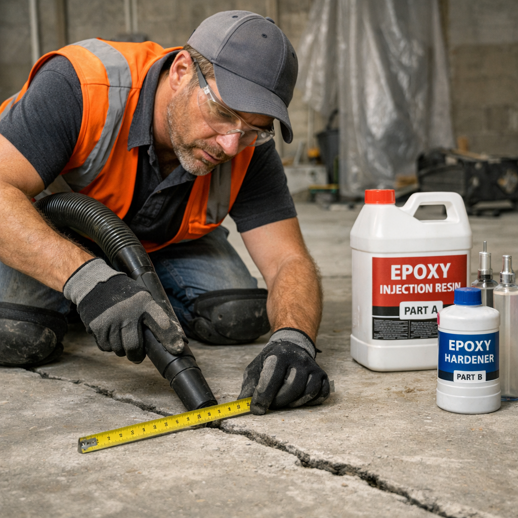 A realistic scene showing a contractor measuring a concrete slab, holding a ruler and a vacuum, with epoxy containers on the side. Alt: contractor measuring concrete crack before epoxy injection