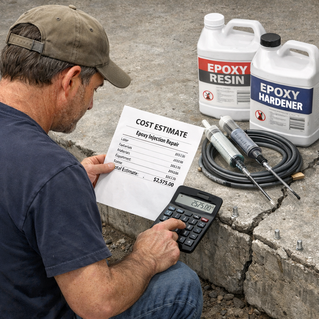 A realistic illustration of a contractor reviewing a printed cost quote beside a concrete slab, with a calculator and epoxy containers visible. Alt: contractor calculating final price for epoxy injection