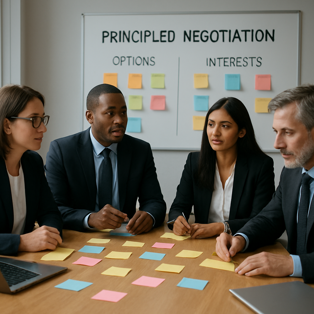 A diverse team of corporate negotiators gathered around a conference table, sticky notes and laptops visible, discussing options and writing down interests. Alt: Applying principled negotiation in a business meeting