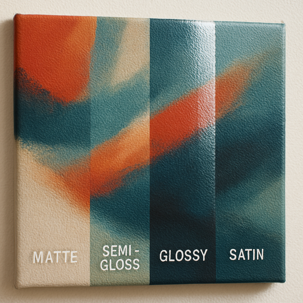 A close‑up of a canvas wall art showing matte, semi‑gloss, glossy, and satin finishes side by side. Alt: Different canvas finishes for print on demand custom canvas wall art gift.