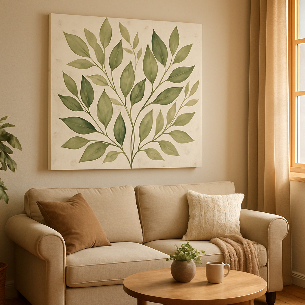 A cozy living room with a large custom canvas featuring a leafy, nature‑inspired design, warm natural lighting, and a coffee table nearby. Alt: print on demand custom canvas wall art gift in a nature‑inspired theme