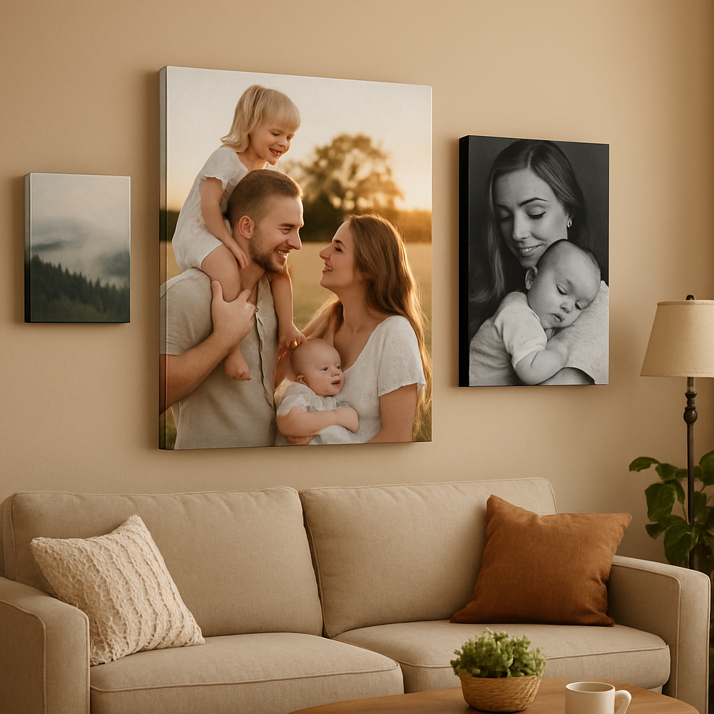 A warm living room wall showcasing three canvas prints of varying sizes, materials, and finishes. Alt: 