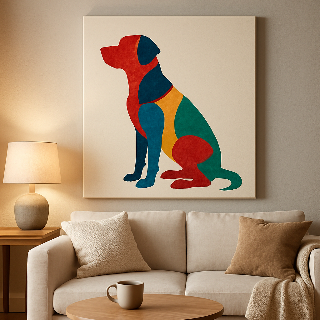 A cozy living room wall featuring a large canvas with a bold, colorful pet silhouette, soft lighting, and a coffee table with a coffee mug. Alt: 