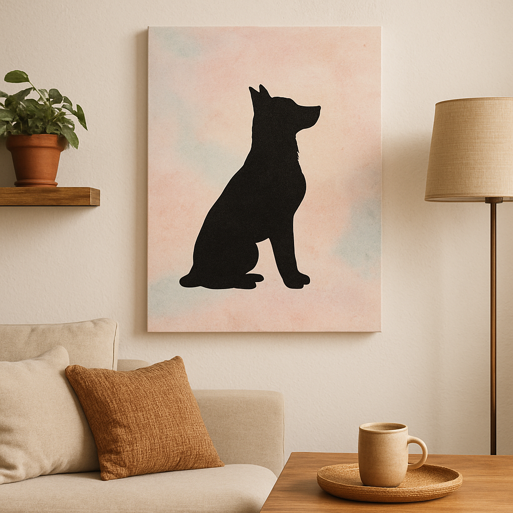 A cozy living room wall with a print on demand custom pet silhouette canvas gift featuring a soft pastel watercolor background and subtle texture. Alt: print on demand custom pet silhouette canvas gift with creative background