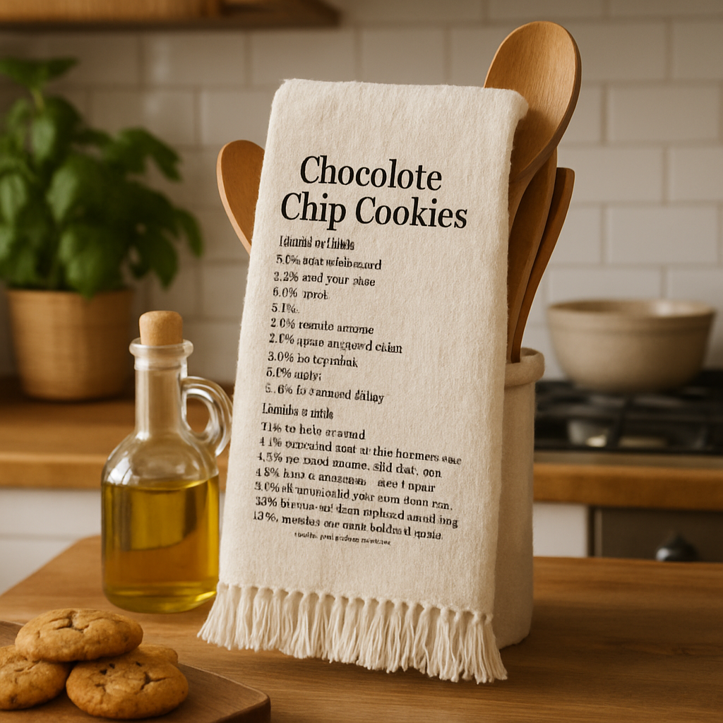 A cozy kitchen scene with a freshly printed recipe tea towel draped over a wooden spoon, showing cotton texture and a decorative fringe. Alt: print on demand custom recipe tea towel gift displayed in a home kitchen.