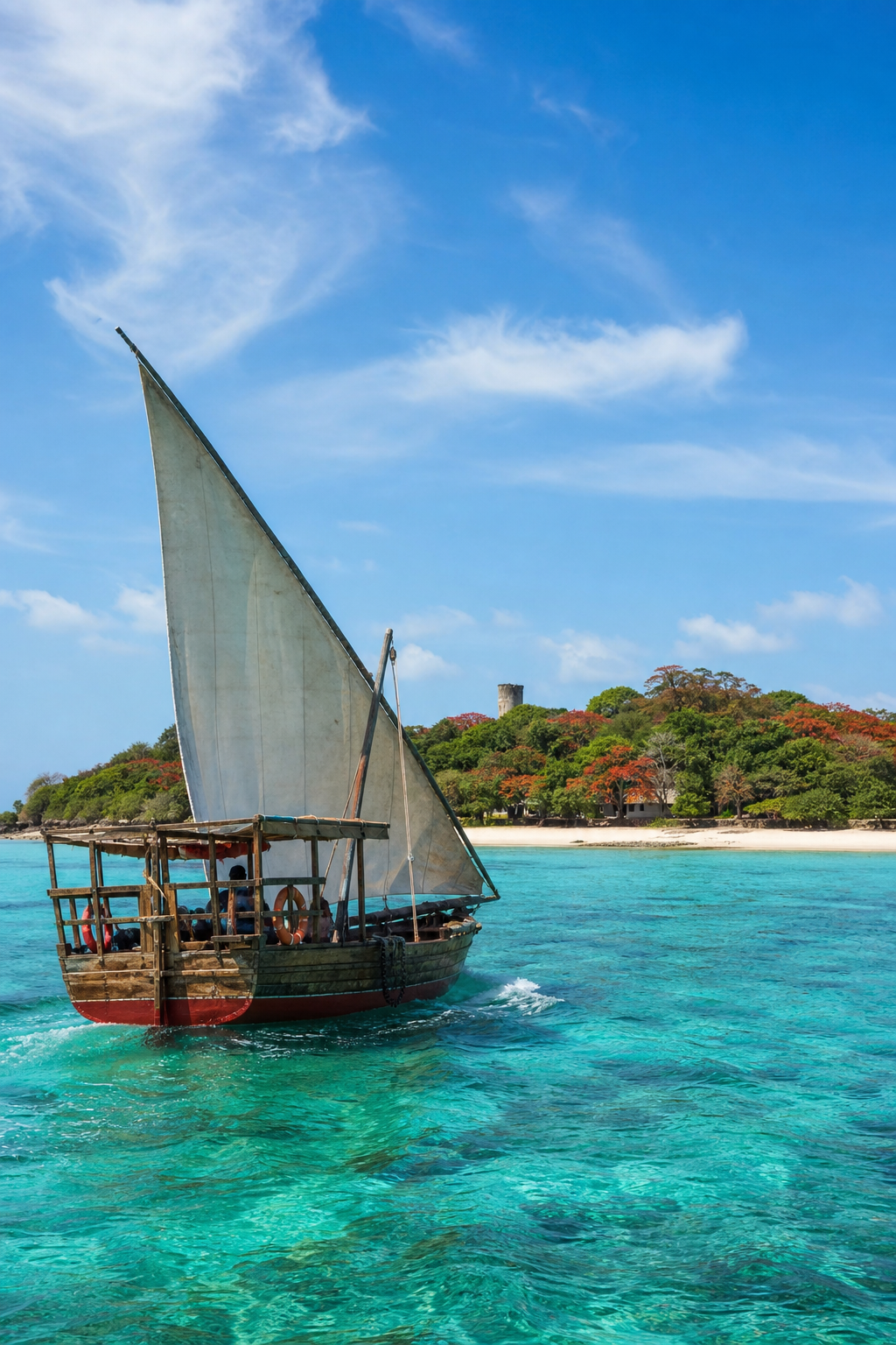 A traditional wooden dhow boat sailing on clear blue water near Prison Island, with the island's coastline in the background. Alt: Dhow boat ride to Prison Island Zanzibar