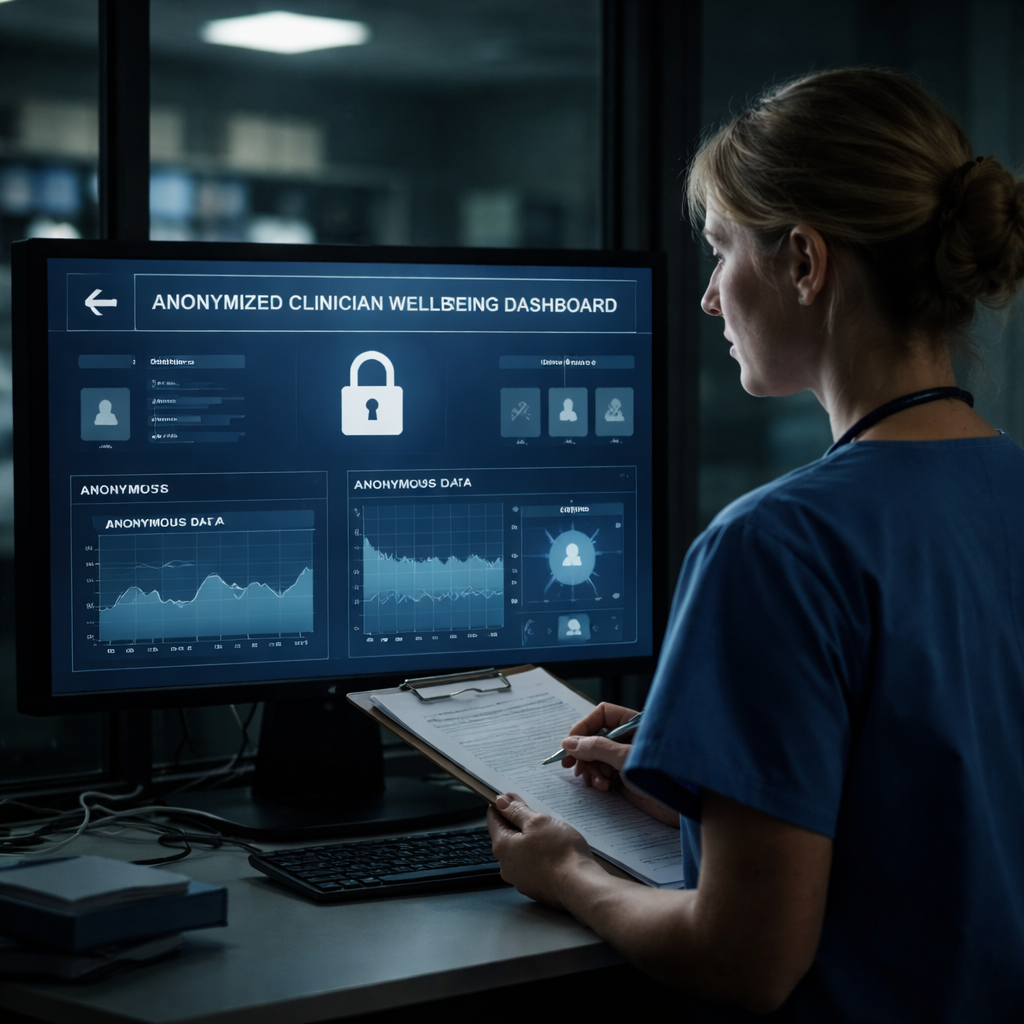 A cinematic style photo of a hospital data room with a locked screen showing anonymized clinician wellbeing charts, soft dramatic lighting, focused on a nurse reviewing the dashboard, alt: privacy considerations for clinician wellbeing data