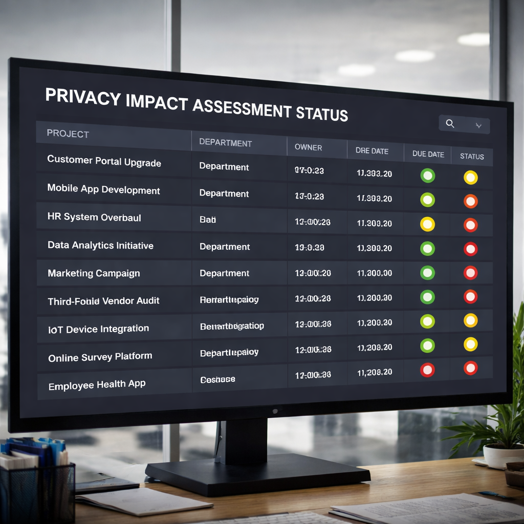 A realistic dashboard view showing a privacy impact assessment status board with green, amber, and red indicators for each project. Alt: PIA status dashboard visual.