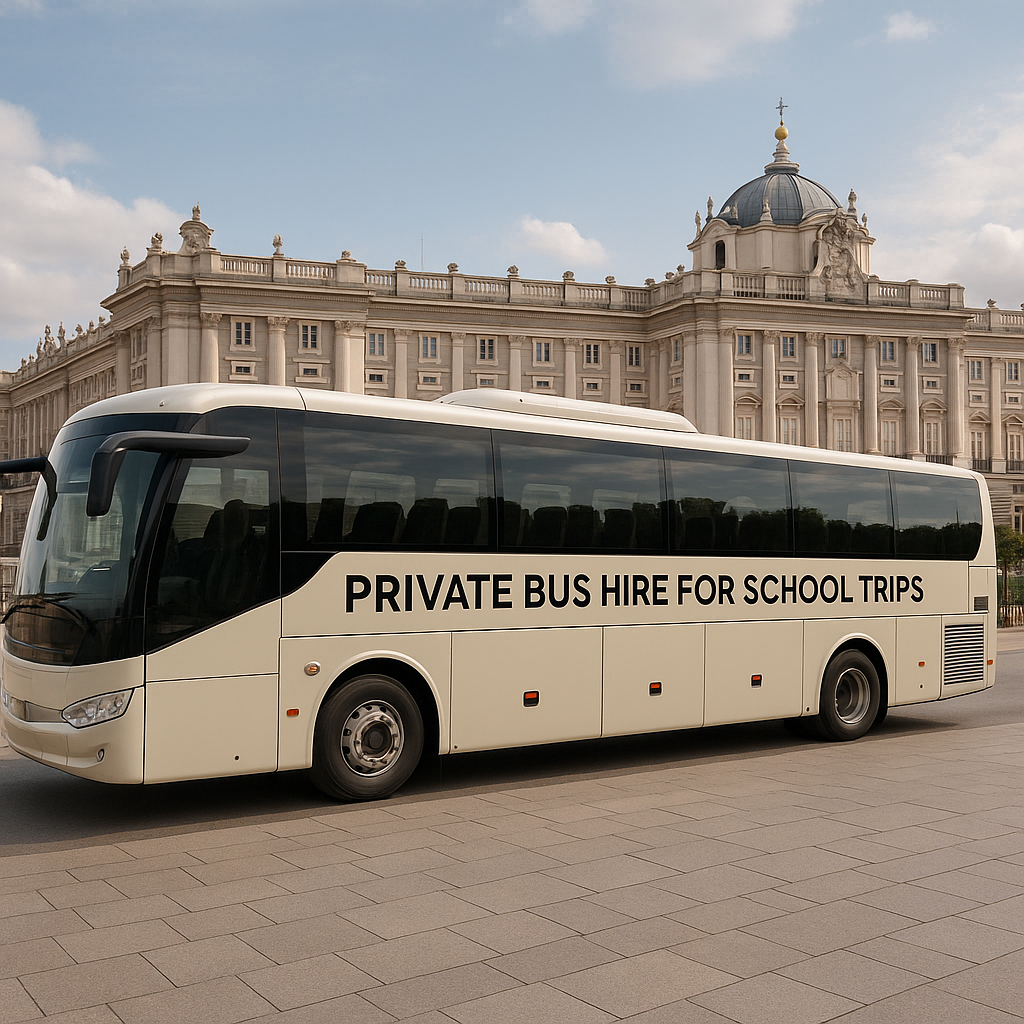 A modern private bus equipped for school trips parked near Madrid’s Royal Palace. Alt: Private bus hire for school trips Madrid with modern bus near iconic landmarks.