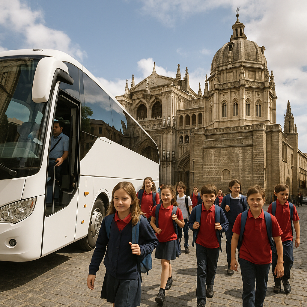 A school group disembarking from a private bus in front of Toledo’s historic cathedral. Alt: Private bus hire for school trips Madrid with students visiting Toledo.