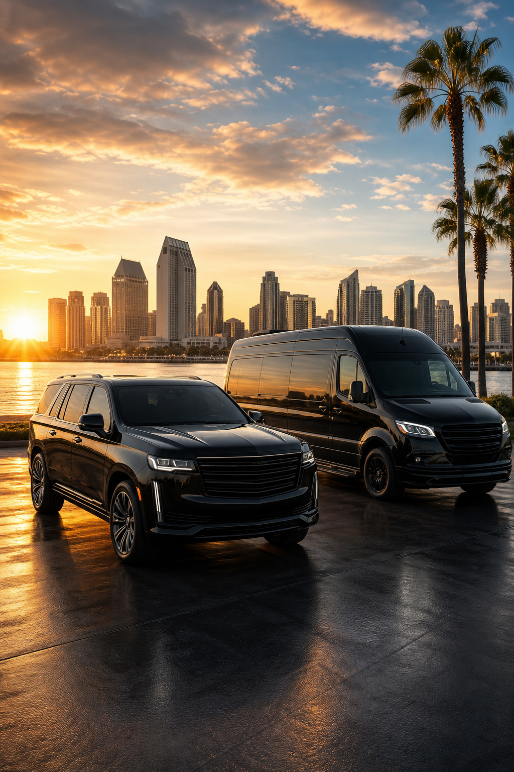 A cinematic shot of a black luxury SUV and a Mercedes Sprinter van parked side by side in front of the San Diego skyline at golden hour. Alt: XM Ride fleet of luxury SUVs and Sprinter vans in San Diego.