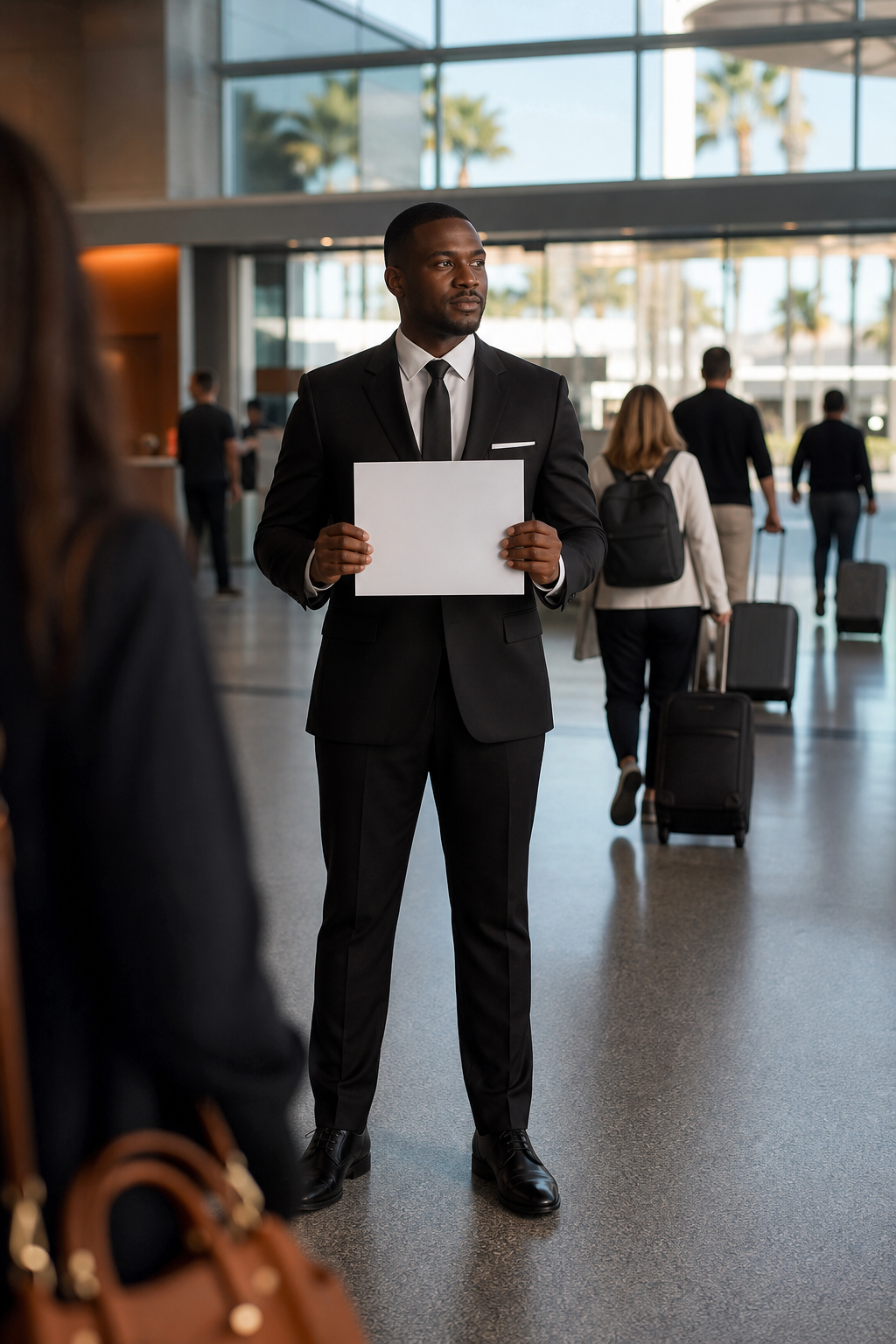 A professional chauffeur holding a name sign inside the arrivals terminal at San Diego International Airport, with travelers walking by. Alt: Meet-and-greet airport transfer service at SAN.