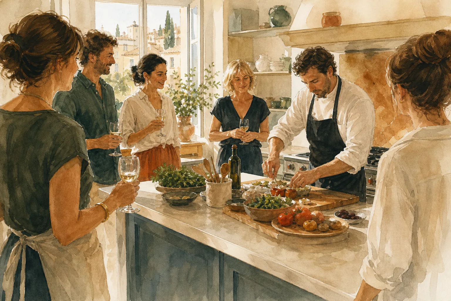 Guests preparing for a private cooking class in a welcoming kitchen.