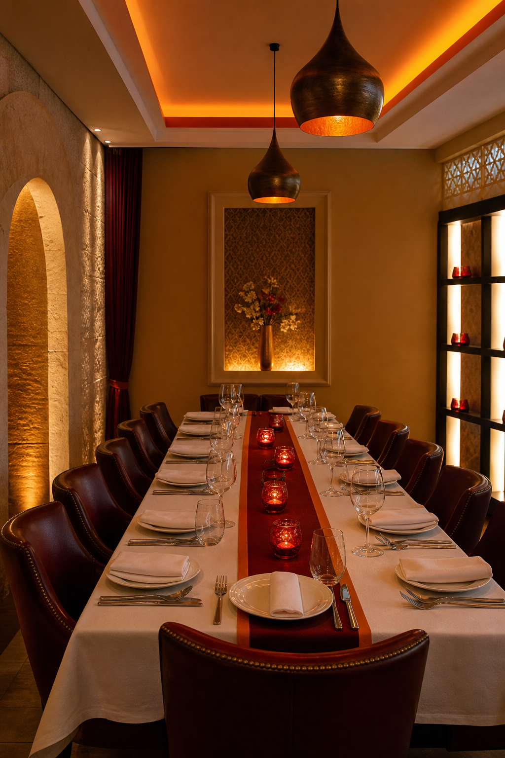 A realistic photo of Naan Bar's private dining room with contemporary decor, showing a long table set for a group dinner. Alt: Naan Bar private dining room Valletta