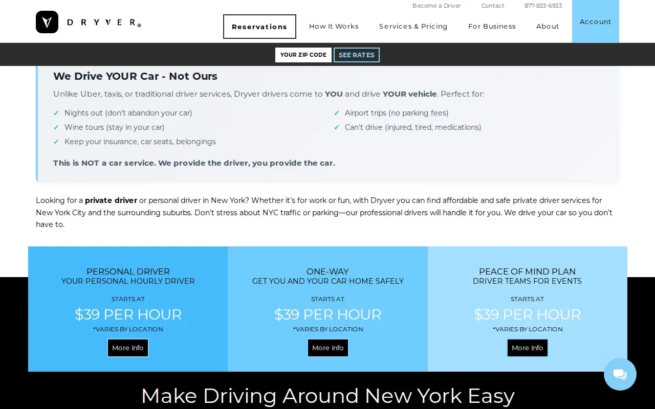 Screenshot of the Dryver website