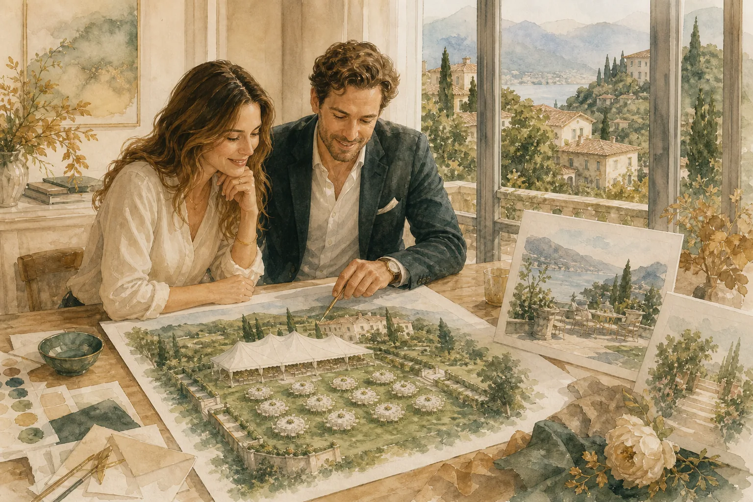 Wedding guest seating plan for a private estate celebration in Brunate.