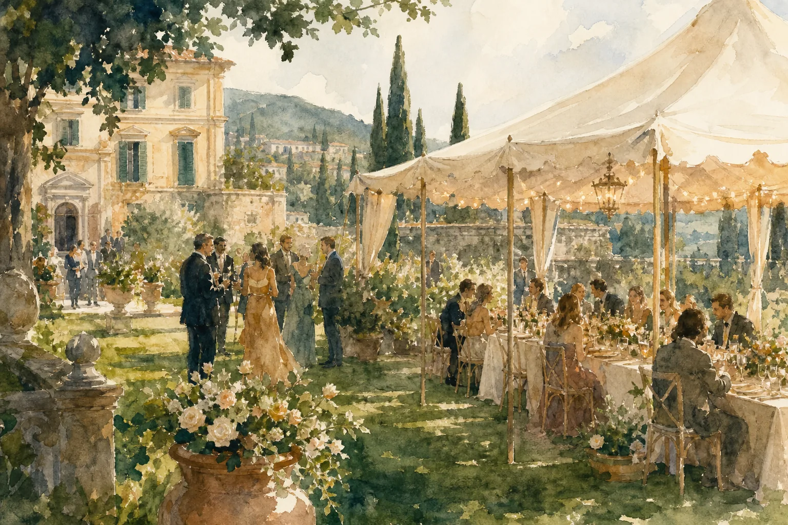 Outdoor celebration setup in the gardens of an Italian private estate.
