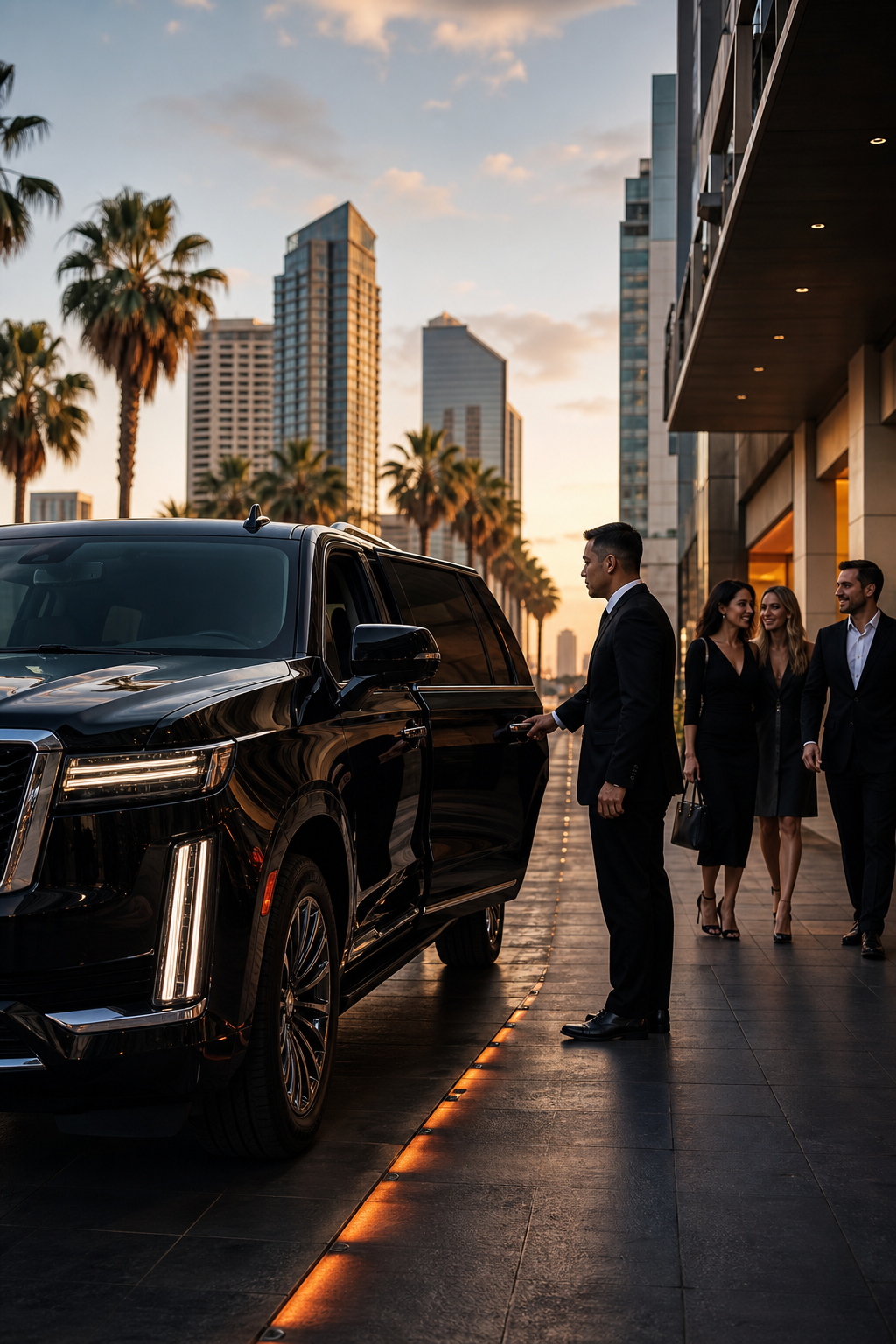 A cinematic view of a sleek black luxury SUV pulling up to a downtown San Diego hotel, with a professional chauffeur opening the door. Alt: premium black‑car service in San Diego