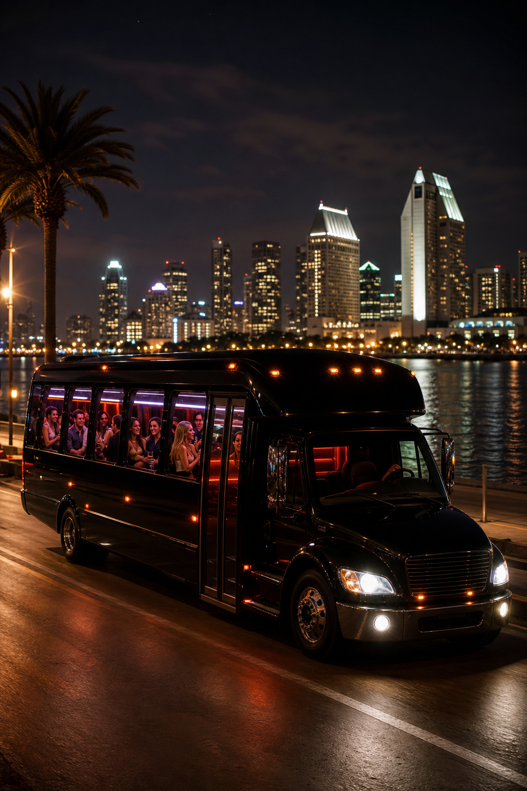 A cinematic night‑time shot of a illuminated party bus cruising along the San Diego waterfront, lights pulsing inside, passengers laughing. Alt: San Diego party bus with LED interior