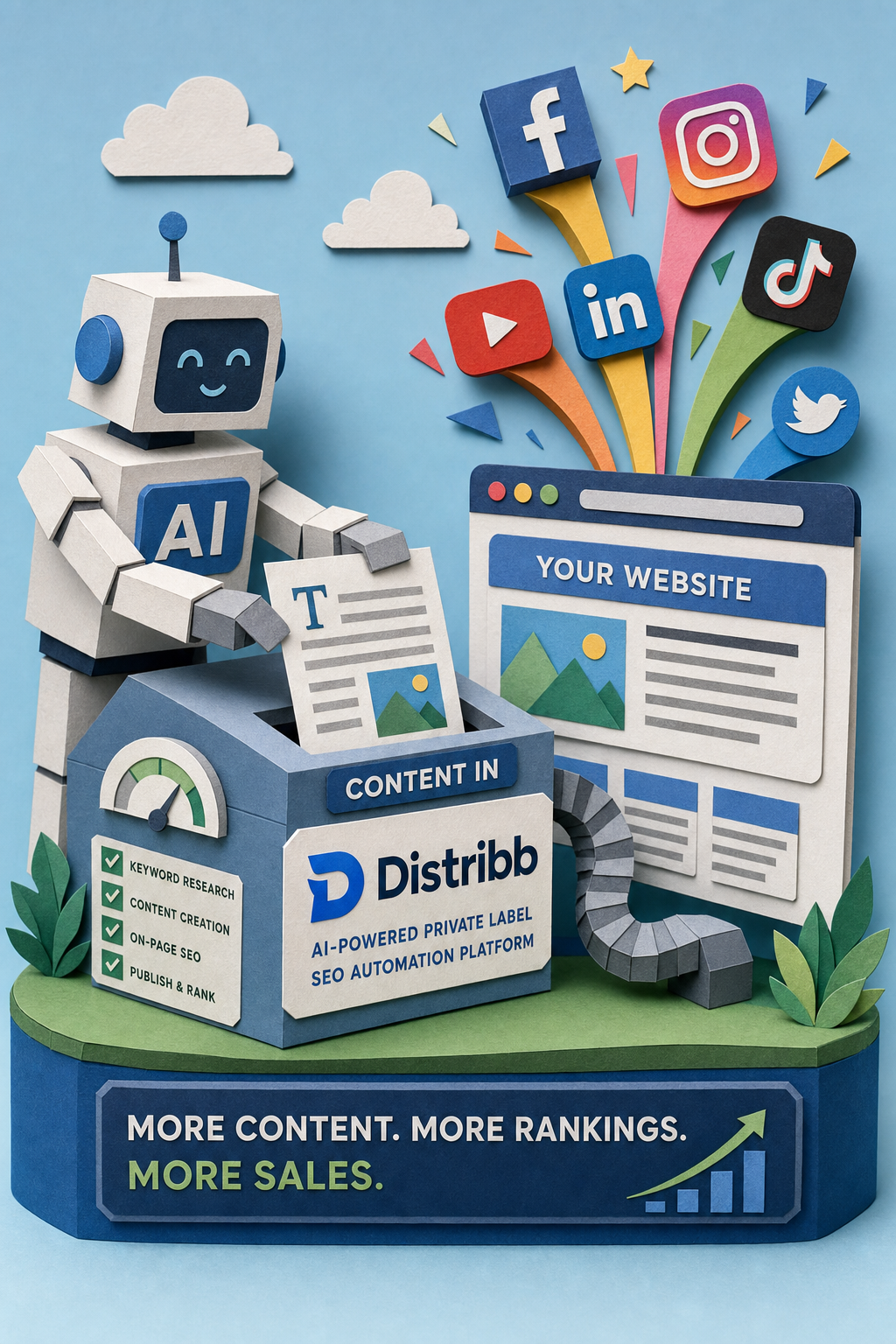 A papercraft-style illustration of an AI robot feeding content into a website, with social media icons popping out. Alt: AI-powered private label SEO automation platform <a href="https://distribb.io" rel="noopener" target="_blank">Distribb</a>