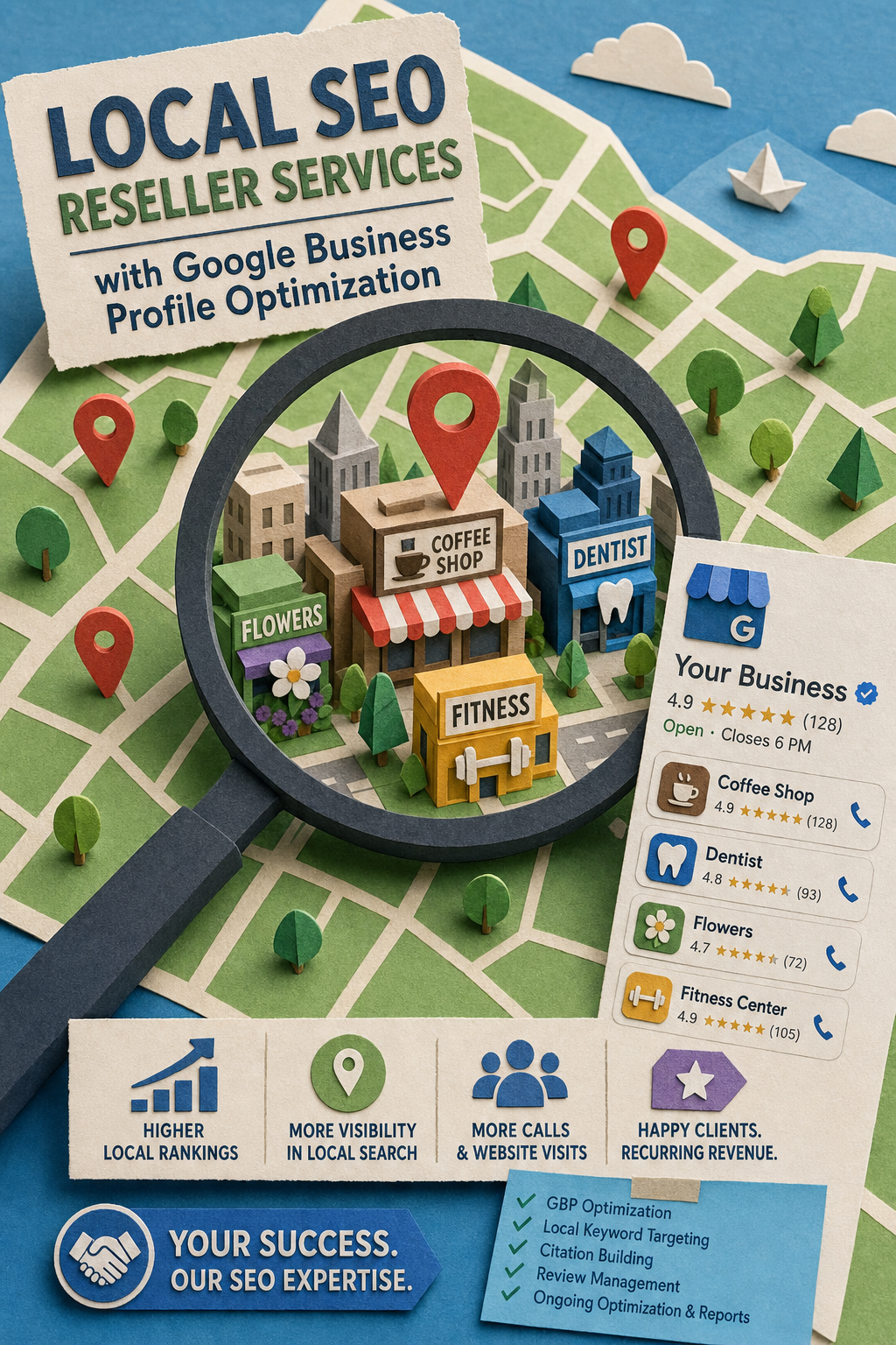 A papercraft-style map with a magnifying glass over a city, showing local business listings. Alt: Local SEO reseller services with Google Business Profile optimization