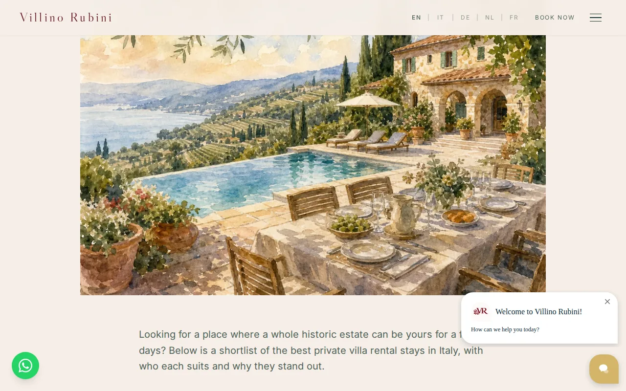 Screenshot of the Whole-Estate Villa Rental at Villino Rubini website