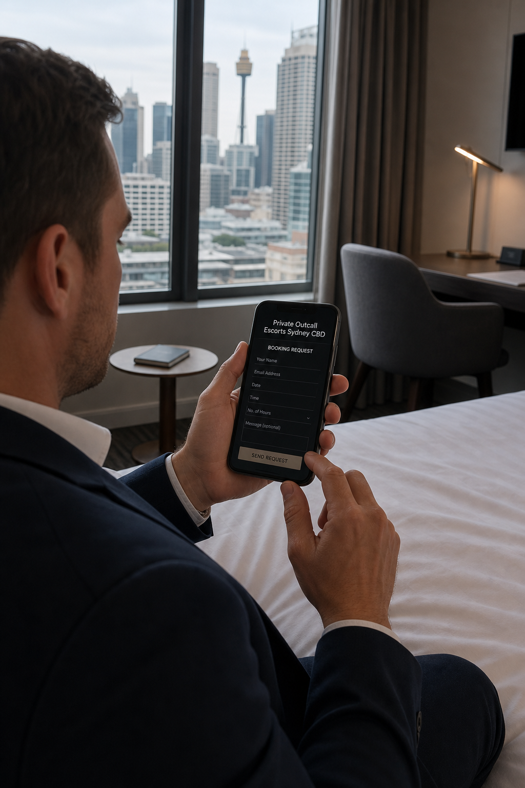 A photorealistic scene of a man in a suit sitting in a Sydney hotel room, holding a smartphone with a discreet booking form visible on the screen. The room is clean, modern, with city views. Alt: Man booking a private outcall escort Sydney CBD on his phone in a hotel room.