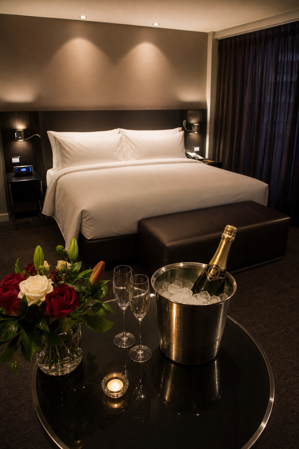 A photorealistic image of a well-prepared hotel room with dim lighting, fresh flowers on a table, a bottle of champagne on ice, and the bed neatly made with crisp white linens. No people. Alt: Prepared hotel room for a private outcall escort Sydney CBD visit.