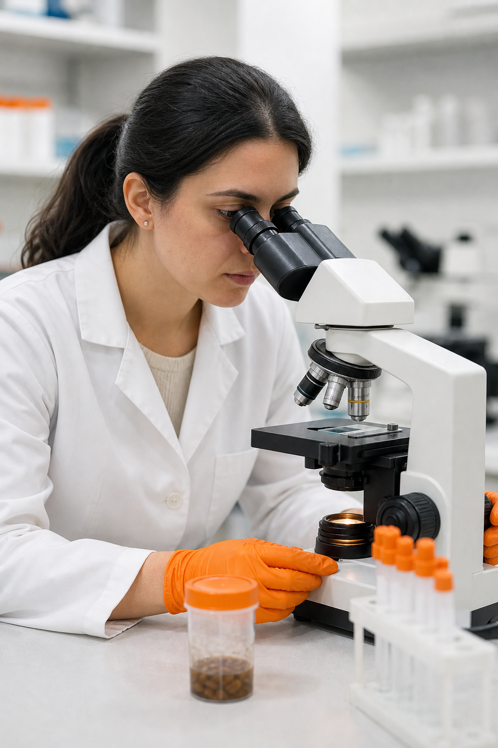 A realistic photo of a laboratory technician in a white coat examining a stool sample under a microscope. Alt: Laboratory analysis for private parasite testing UK using microscopy.