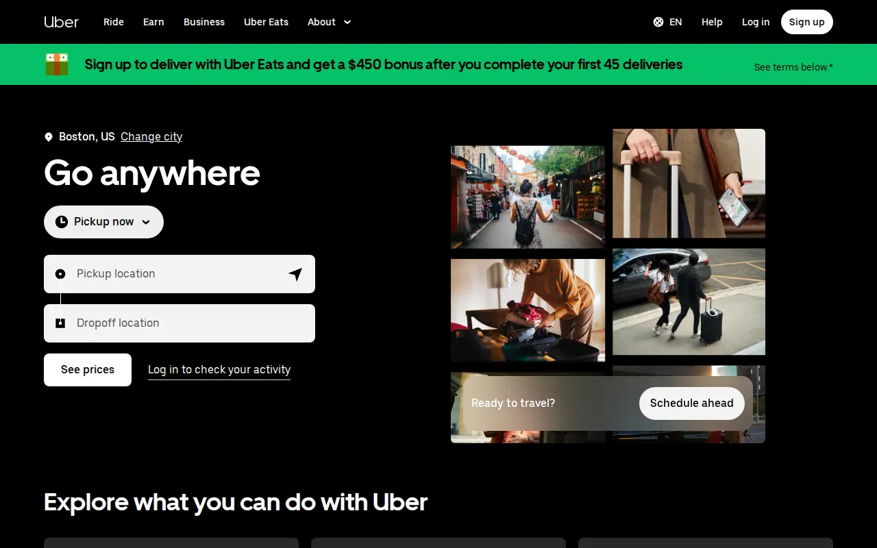 Screenshot of the Uber website