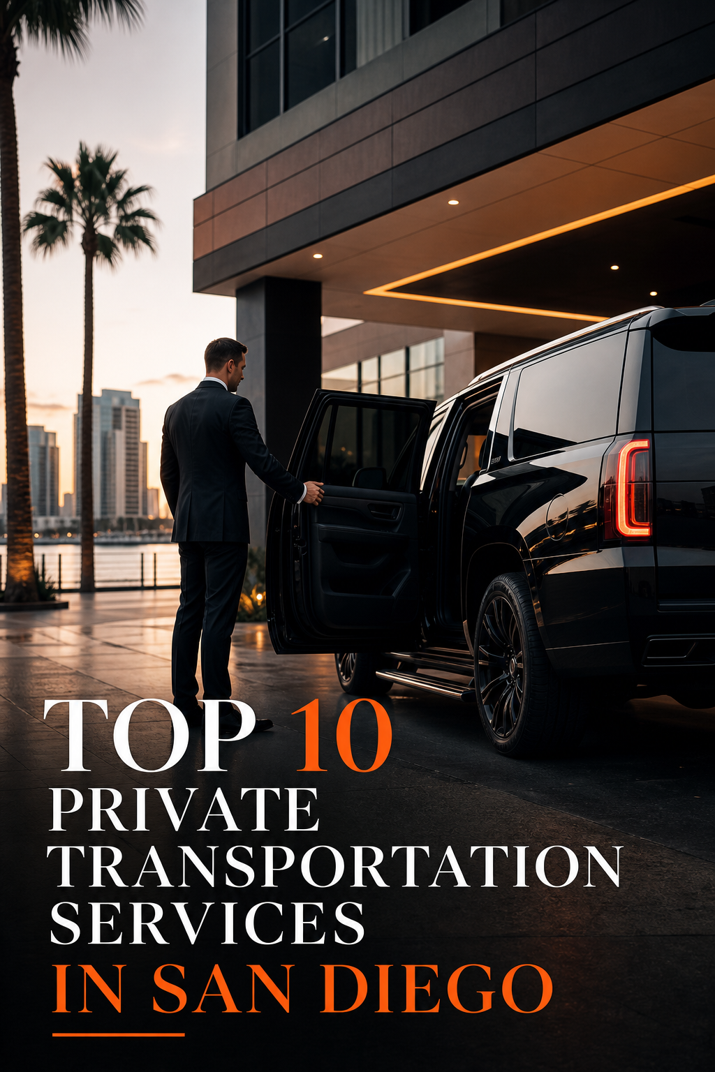 Cinematic shot of a black luxury SUV parked outside a modern San Diego hotel with a chauffeur holding the door. Alt: Luxurious black car service in San Diego by XM Ride.