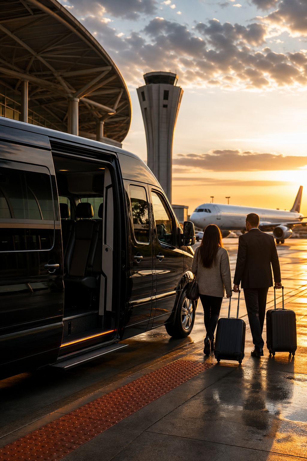 Cinematic shot of an airport shuttle van picking up passengers outside the SAN terminal with the aircraft in the background. Alt: Shared airport shuttle service at San Diego International Airport.