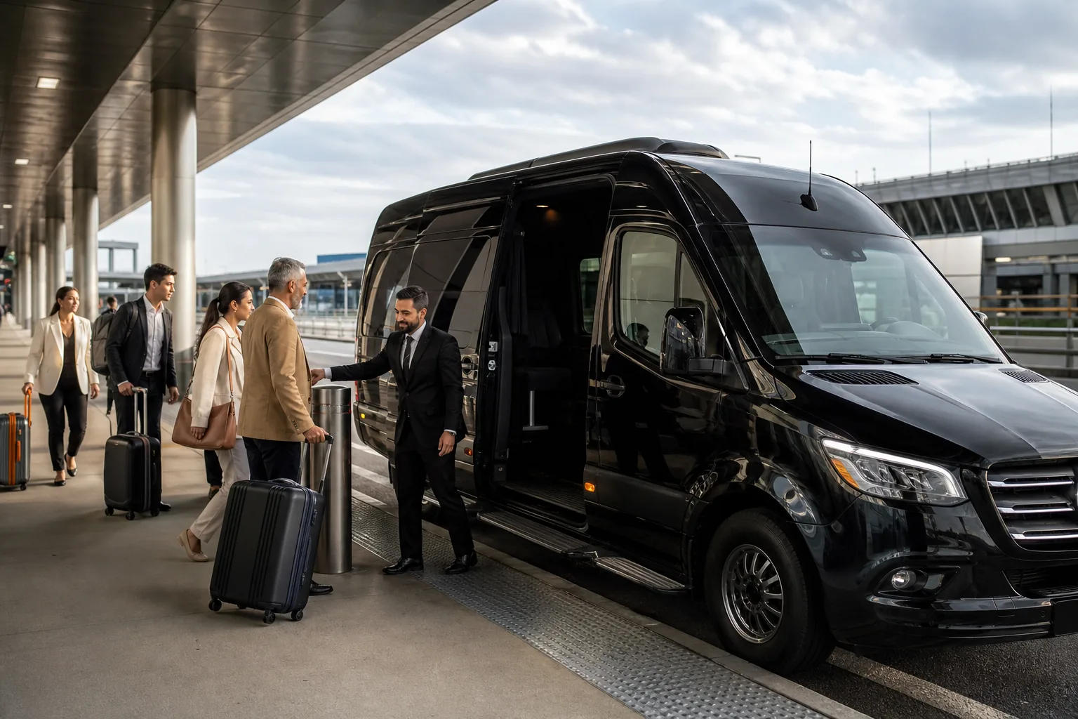 Chauffeur coordinating a private van pickup at Newark Airport.