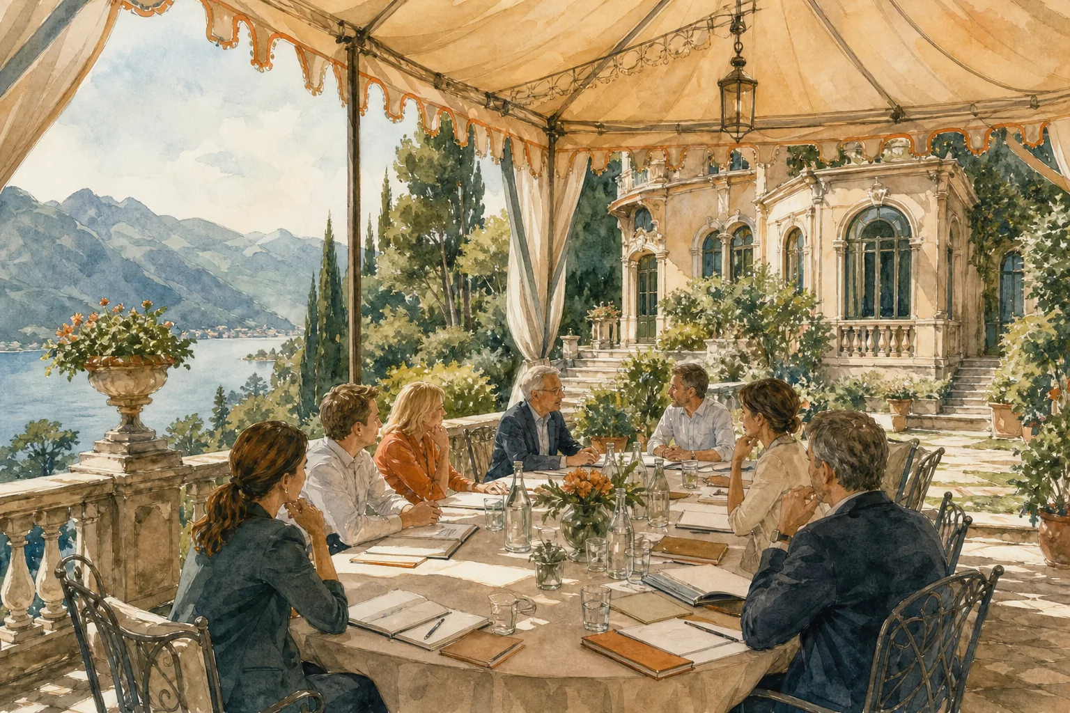 Corporate leadership retreat at a private estate with parkland above Lake Como