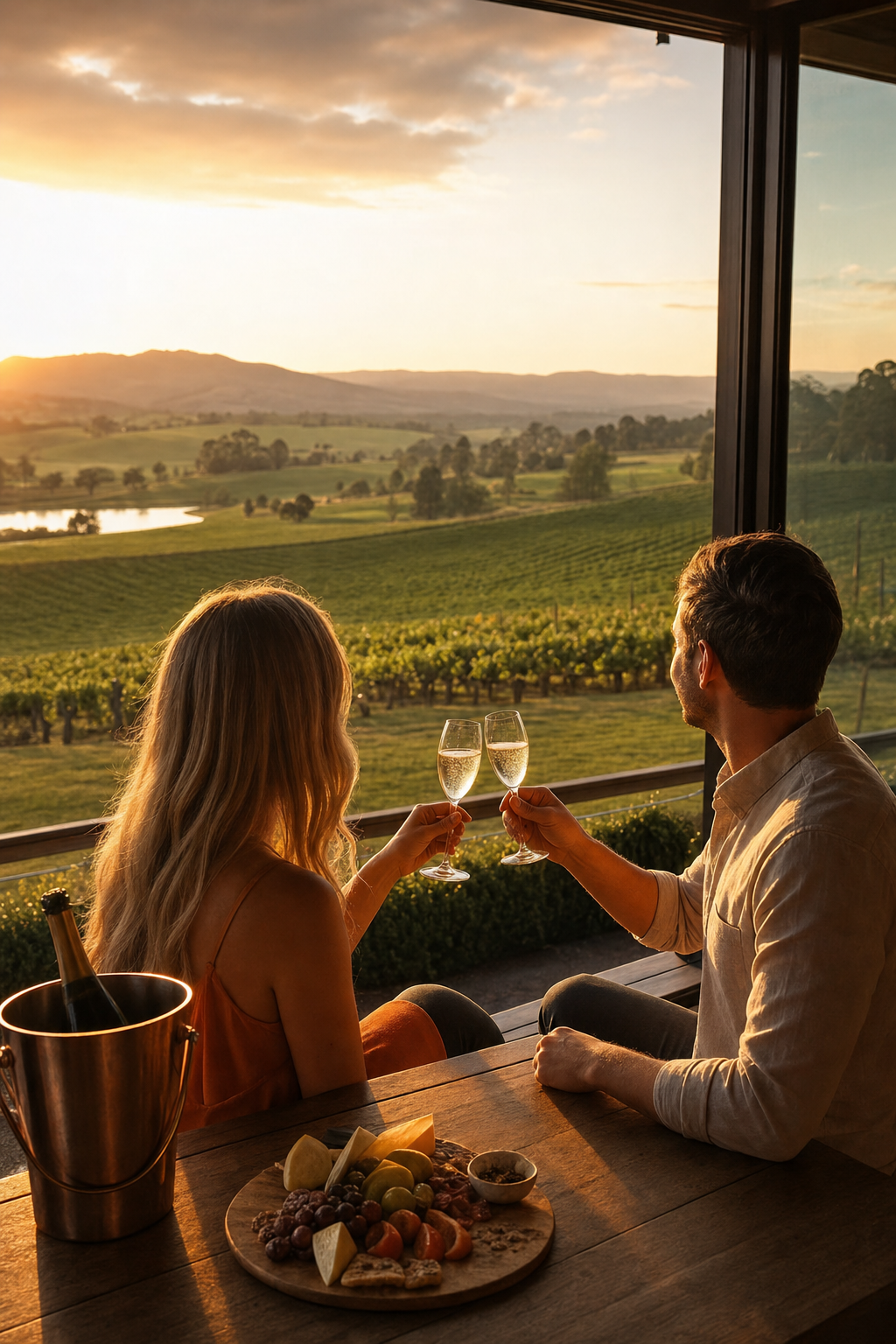 A photorealistic wide shot of a couple toasting with sparkling wine at a private cellar door overlooking Yarra Valley vineyards at golden hour, warm orange light. Alt: private wine tasting tour for marriage proposals Yarra Valley with a couple toasting at a cellar door.