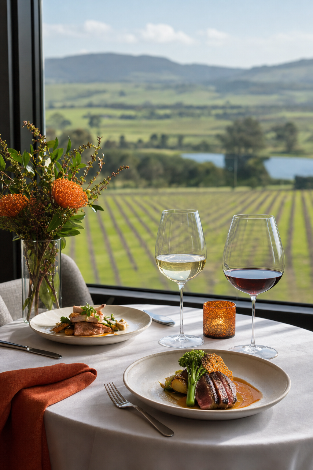 A photorealistic scene of an elegant table set for two by a large window with vineyard views, plated fine-dining course and two wine glasses, soft natural daylight. Alt: fine-dining lunch proposal at a Yarra Valley estate during a private wine tour.