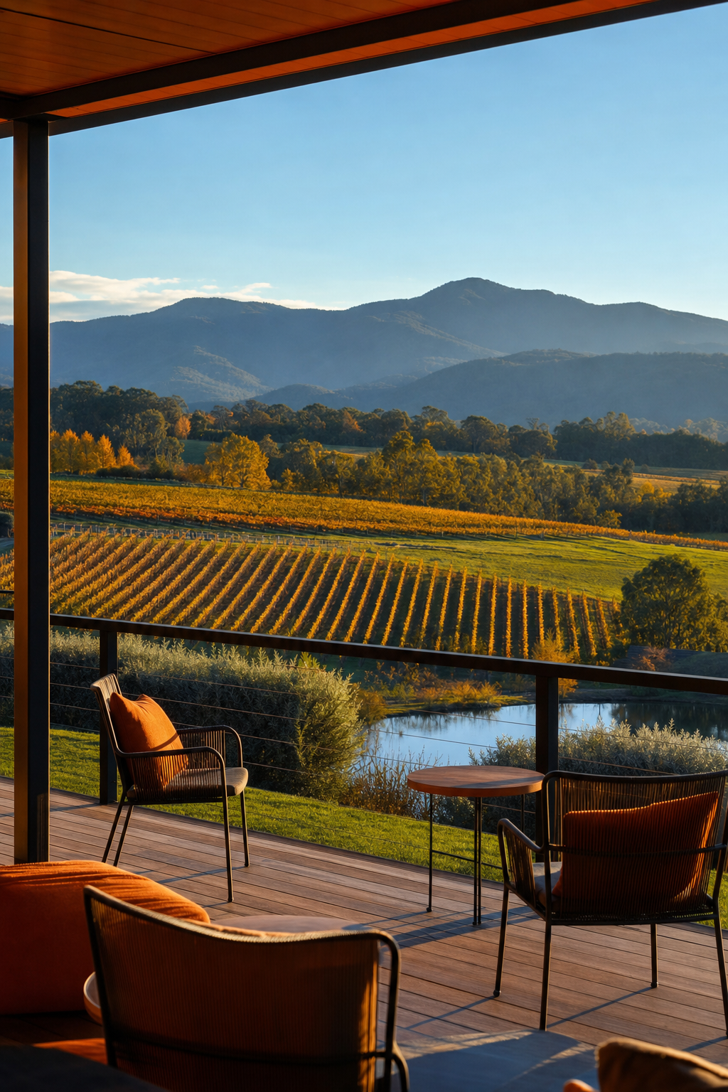 A photorealistic wide shot of rolling Yarra Valley vineyards in golden autumn light with the blue Dandenong Ranges in the background and a cellar door terrace in the foreground. Alt: Flagship Yarra Valley winery vineyard views on a private wine tasting tour.