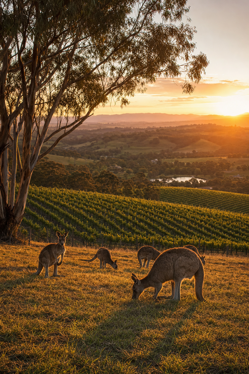 A photorealistic scene of wild kangaroos grazing in a grassy Yarra Valley paddock at golden hour with vineyards and gum trees behind them. Alt: Wild kangaroos at sunset on a Yarra Valley wine and chocolate tour.