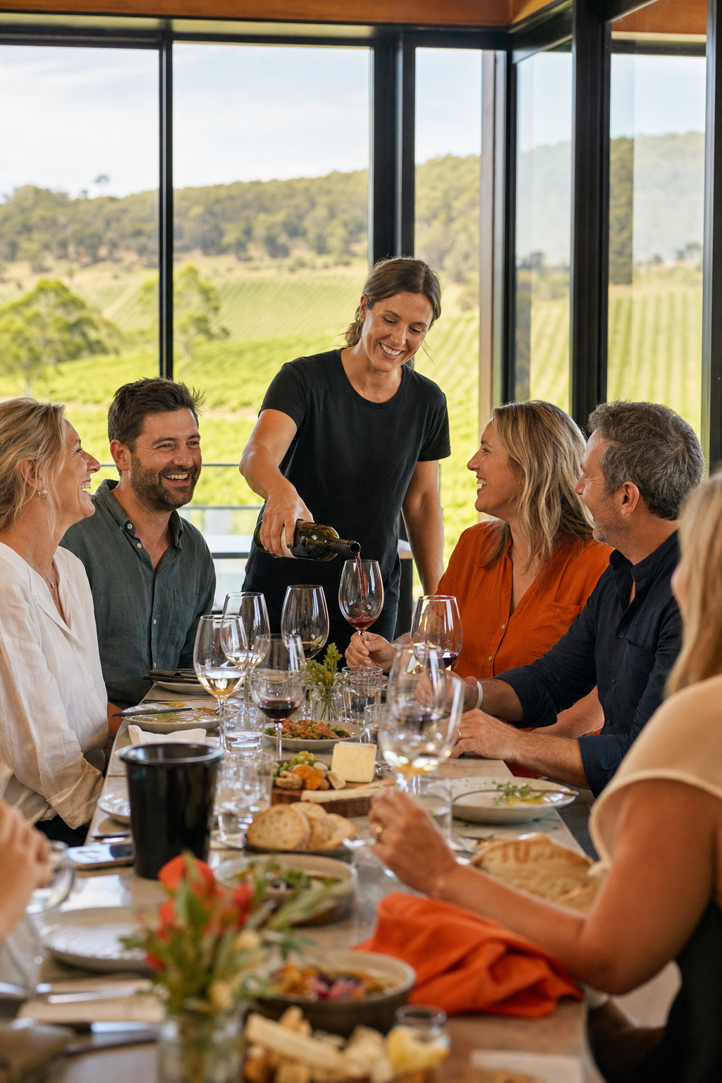A photorealistic scene of a small private group laughing around a long table at a Yarra Valley cellar door, glasses of red and white wine mid-pour, vineyard rows visible through large windows, warm afternoon light. Alt: private wine tasting tour with cooking class and wine pairing Yarra Valley group lunch.