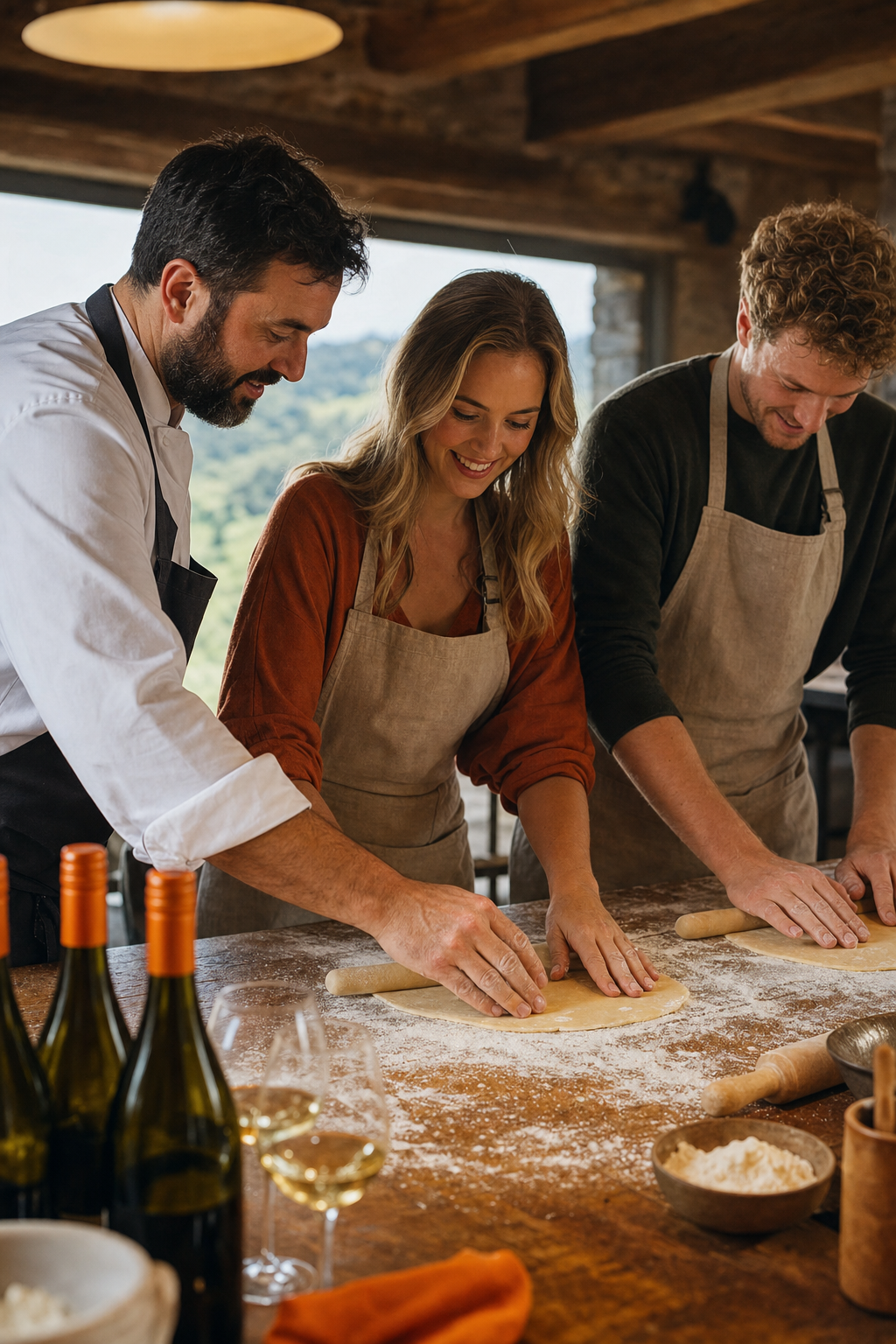 A photorealistic close-up of guests rolling fresh pasta dough at a rustic restaurant kitchen bench in the Yarra Valley, flour dusting the surface, a chef guiding their hands, bottles of local wine waiting nearby. Alt: chef-led cooking class with cellar-door wine pairing in the Yarra Valley.
