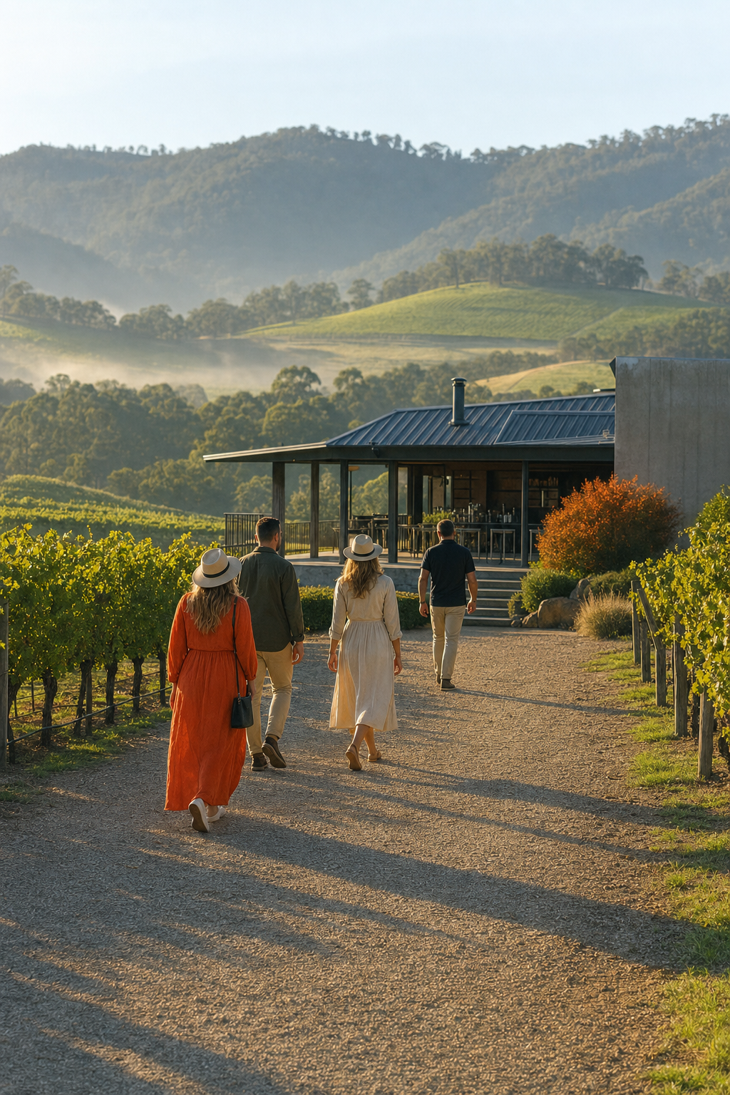 A photorealistic wide shot of Yarra Valley vineyard rows in soft morning light with rolling green hills behind, a small group walking toward a cellar door. Alt: private wine tasting tour with guided barrel tasting Yarra Valley vineyard view