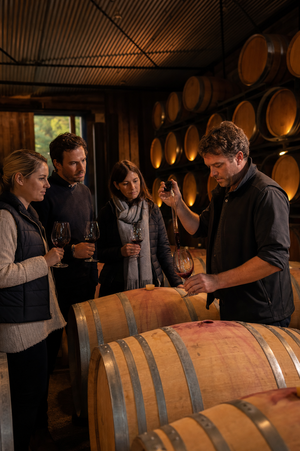 A photorealistic interior of a winery barrel room with rows of oak barrels, a winemaker drawing wine with a glass pipette into a tasting glass, warm low lighting. Alt: guided barrel tasting in a Yarra Valley winery barrel room