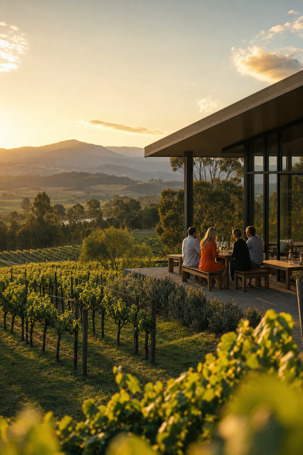 A photorealistic wide shot of a Yarra Valley cellar door at golden hour, rolling vineyard rows in the foreground and the hazy blue Dandenong Ranges in the background, a small group seated at an outdoor tasting bench. Alt: Private wine tasting tour group at a Yarra Valley cellar door with vineyard views.