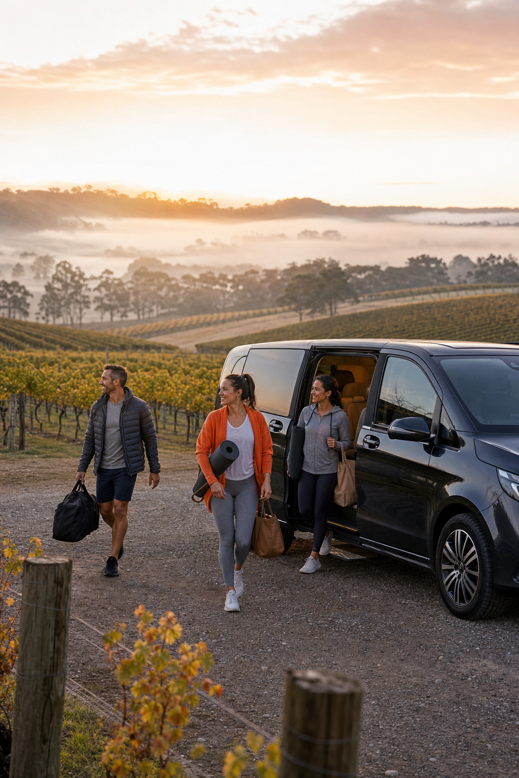 A photorealistic scene of a luxury Mercedes van parked beside misty Yarra Valley vineyard rows at dawn, soft orange sunrise light, guests in casual activewear stepping out. Alt: private wine tasting tour with sunrise yoga Yarra Valley pickup at dawn.