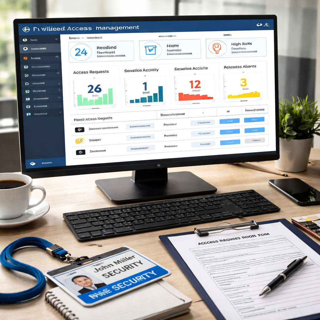 A photorealistic scene of an office desk with a computer screen showing a privileged access management dashboard, a security badge, and a printed access‑request form on the side. Alt: privileged access management services visual.