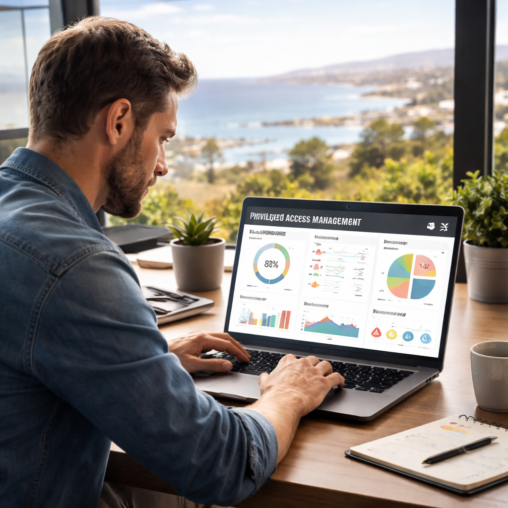 A photorealistic scene of a small business IT manager reviewing a privileged access dashboard on a laptop, with compliance charts and alert icons visible, realistic lighting, Monterey Bay office background. Alt: privileged access management services compliance monitoring.