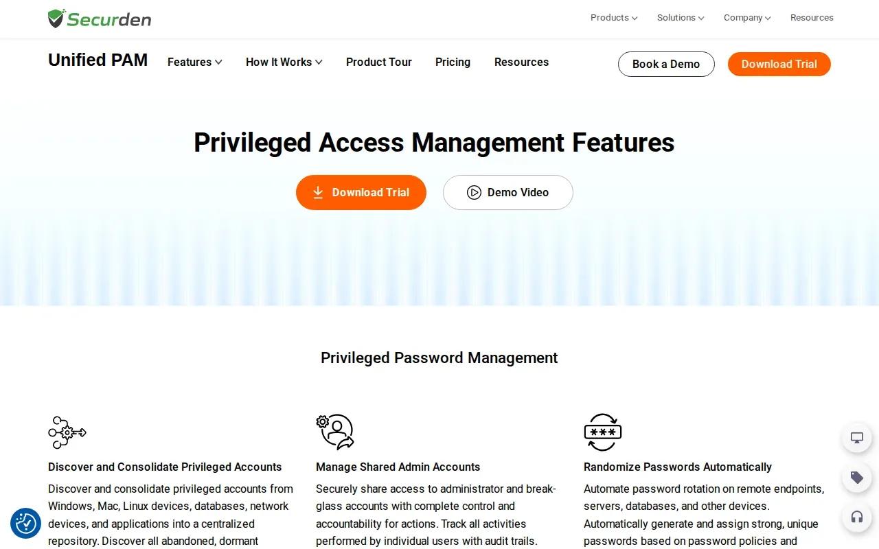Screenshot of the Securden Unified PAM website