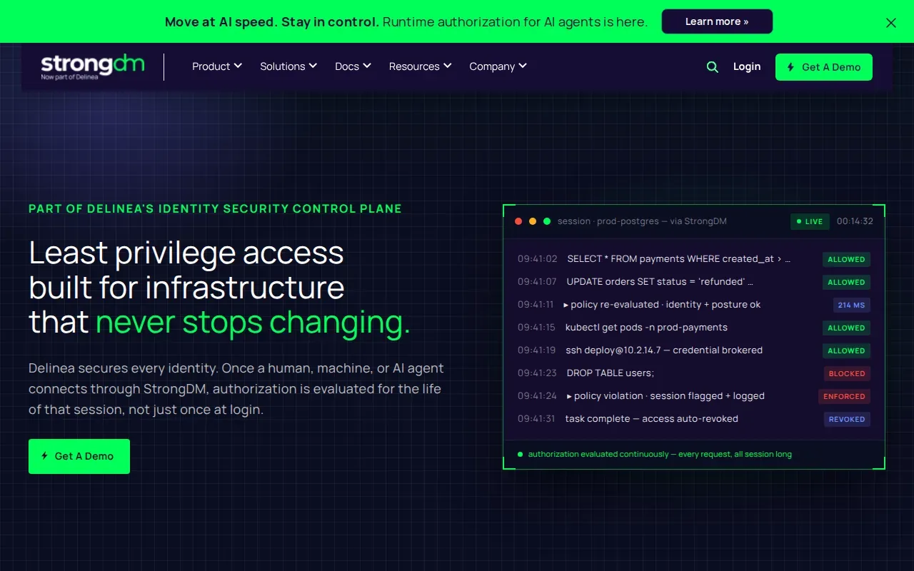 Screenshot of the StrongDM website
