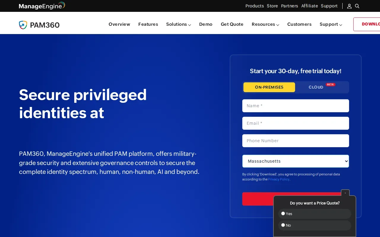 Screenshot of the PAM360 by ManageEngine website