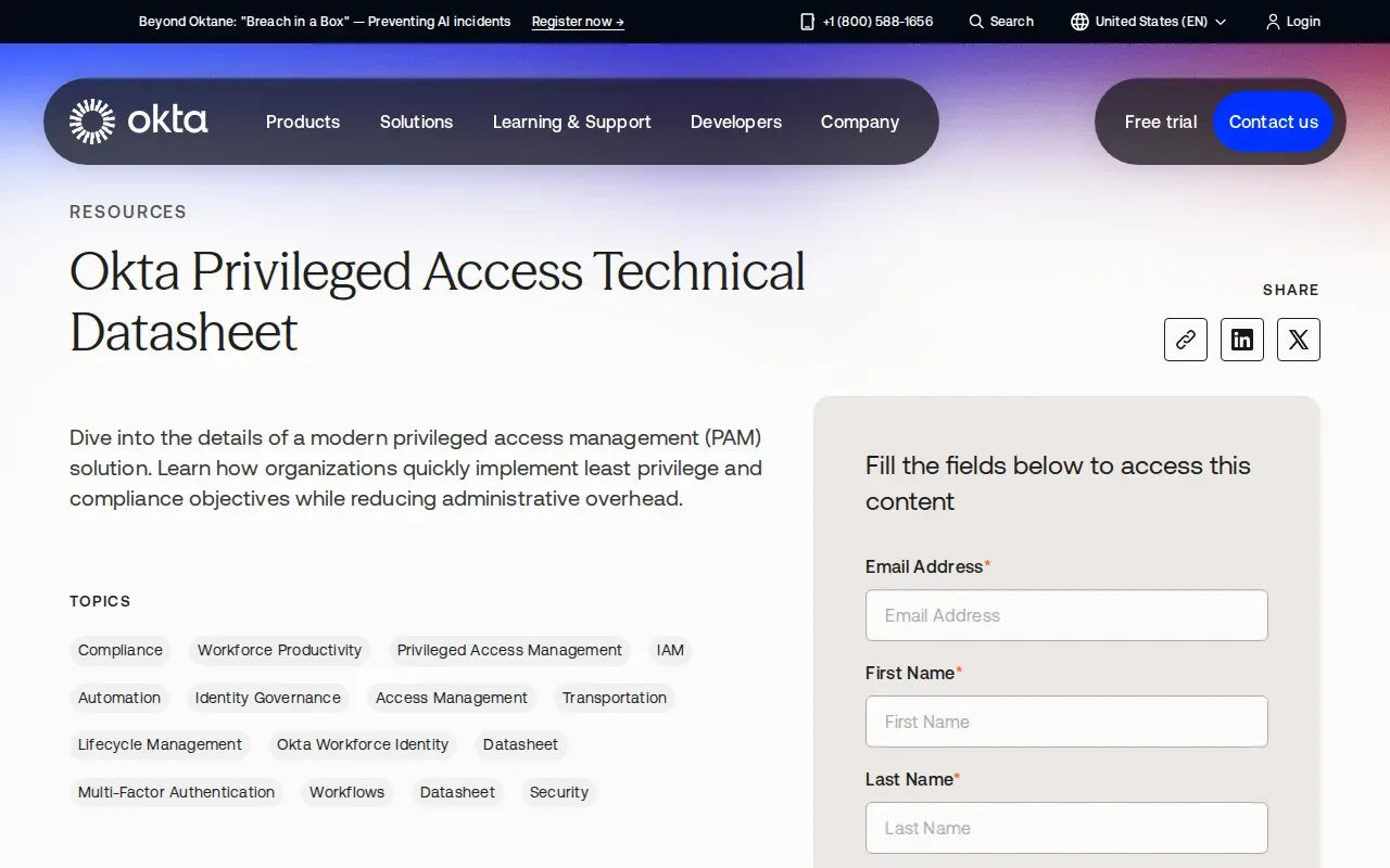 Screenshot of the Okta Privileged Access website